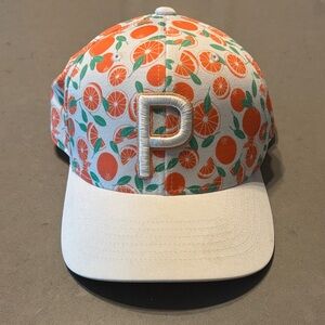 White Puma golf / Baseball Cap adjustable with Orange Citrus Print and 'P' Patch